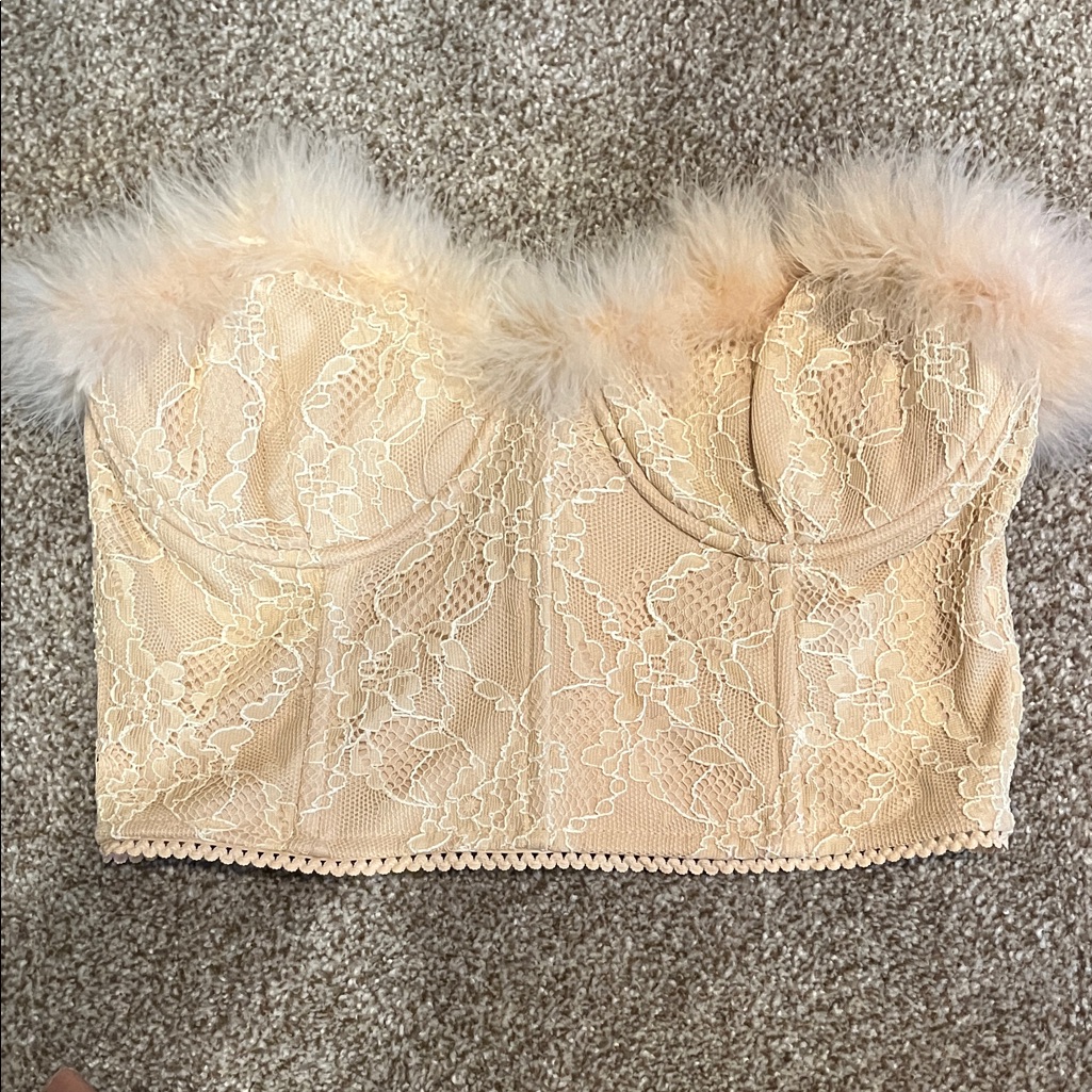Lace Bustier Top With Feather Trim